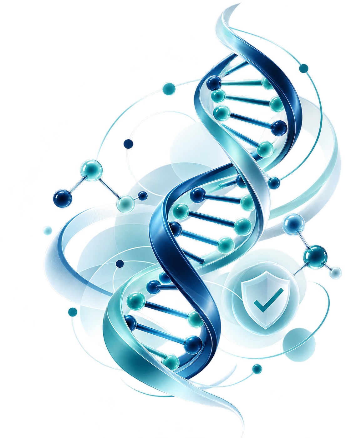 Clinical research illustration featuring DNA, a research checklist, and a quality shield